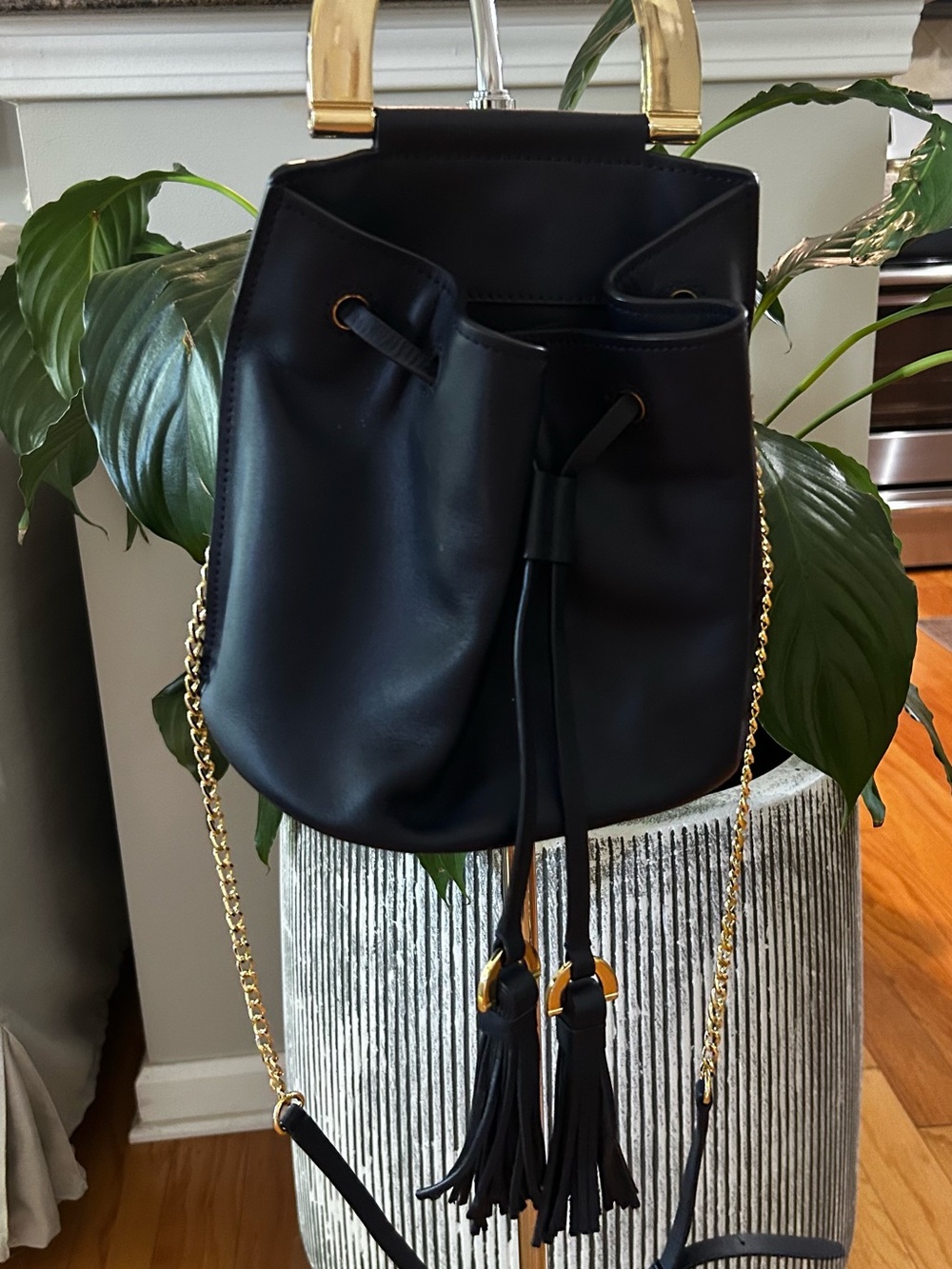 Zac Posen Black Leather Drawstring Bucket Bag with Gold Hardware